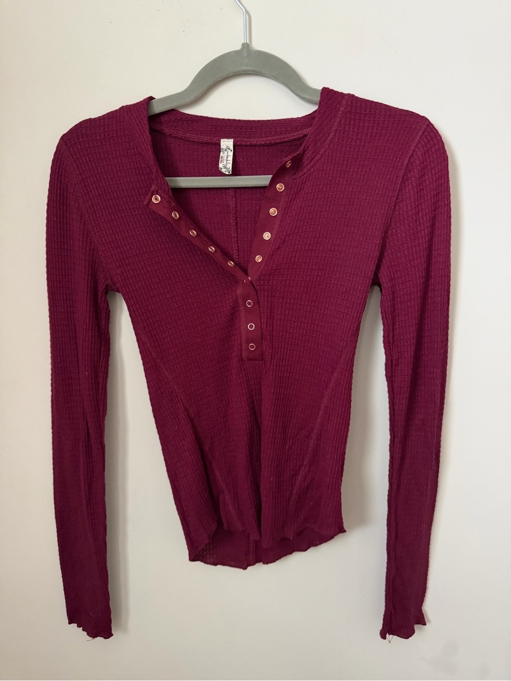 NWOT Free People Burgundy Waffle Henley Long Sleeve Top